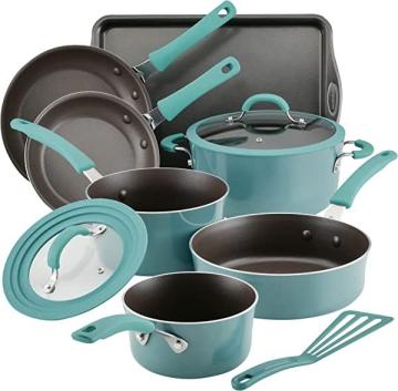 Rachael Ray Cook + Create Nonstick Cookware/Pots and Pan Set, 10 Piece, Agave Blue