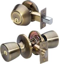 Master Lock Keyed Entry Door Lock, Single Cylinder Deadbolt with Tulip Style Knob, Antique Brass