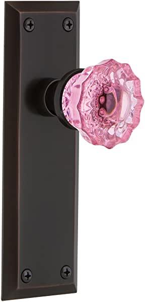 Nostalgic Warehouse 724759 New York Plate Privacy Crystal Pink Glass Door Knob in Timeless Bronze