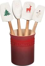 Le Noel Collection: Craft Series 5-Piece Utensil Set with Crock - White w/ Applique Designs