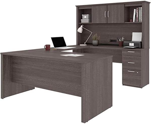 Bestar Universel 66W U or L-Shaped Desk with Hutch in bark Grey