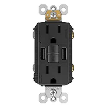 Pass & Seymour Legrand Radiant® USB GFCI Outlet, 15A Tamper-Resistant, Self-Test, Type-A/A, Black