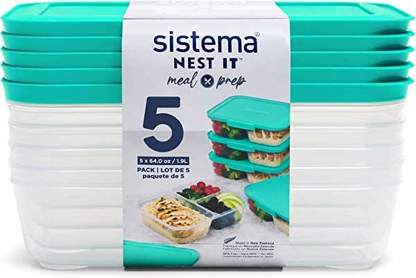 Sistema Nest It Meal Prep Food Storage Containers with Lids, 3 Compartments, 8 Cups, 5-Pack, Teal