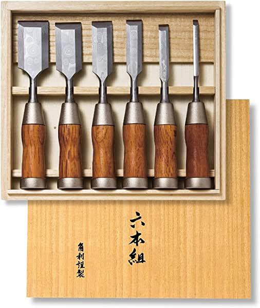 Kakuri Japanese Wood Chisel Set 6 Piece for Woodworking, Red Oak Wood Handle
