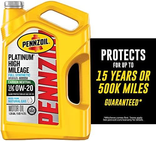 Pennzoil Platinum High Mileage Full Synthetic 0W-20 Motor Oil for Vehicles Over 75K Miles (5-Quart)