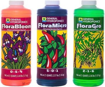 General Hydroponics Flora Series: FloraMicro, FloraBloom, FloraGro 3-Part Hydroponic Nutrient System