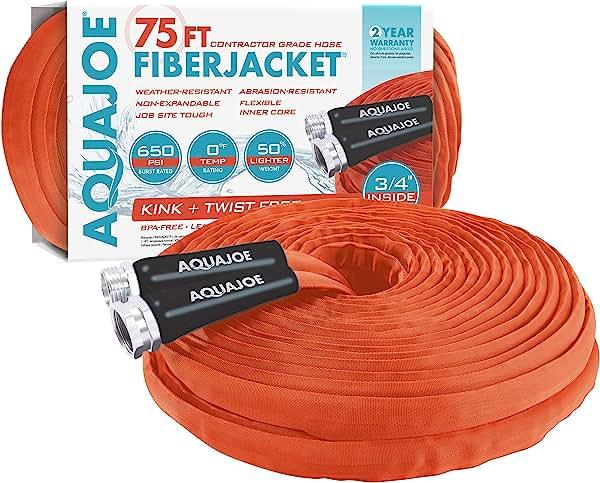 Aqua Joe AJFJH75-34-CTR Kink-Free Contractor Grade FiberJacket Garden Hose, 75Ft, Orange