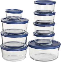 Anchor Hocking Glass Food Storage Containers with Navy SnugFit Lids, 18-piece