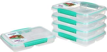 Sistema 5-Piece Food Storage Containers with 3 Compartments and Lids, 11.8oz, Clear/Green, Pack of 5